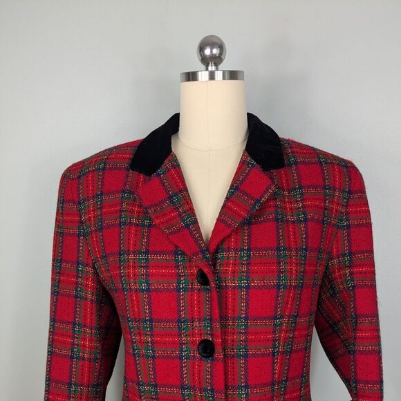 Vintage Talbots Blazer Jacket Plaid Velvet Tartan Holiday Christmas Wool Red 12 - Picture 3 of 13